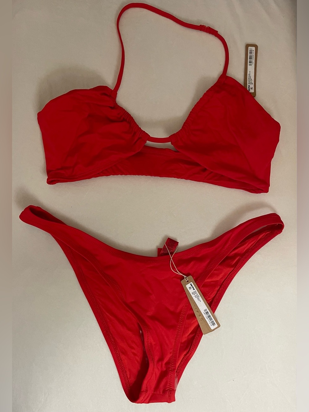 SKIMS 2Pc SET Ruched Halter Triangle Bikini Top& Cheeky Tanga Bottom Ruby Red L